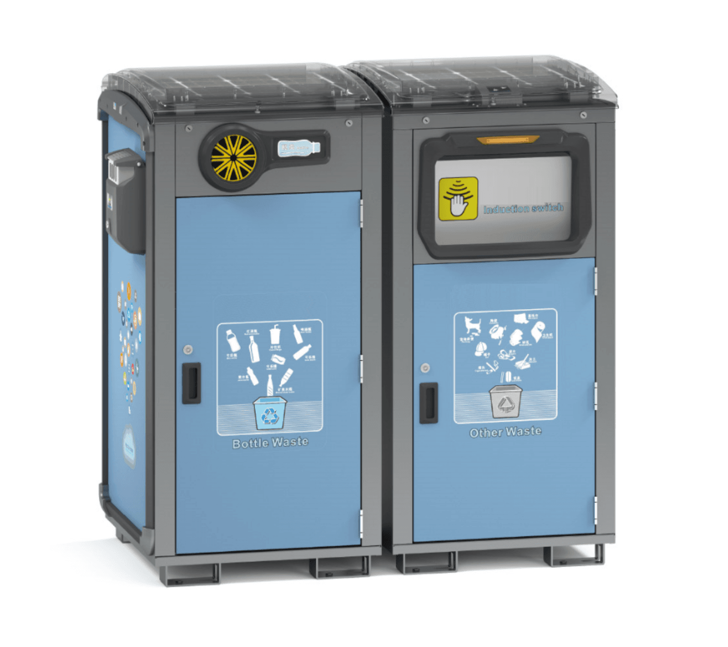 Le compacteur solaire avec les déchets de bouteilles et autres déchets